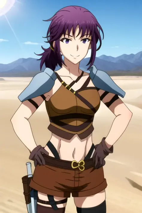 masterpiece, best quality, 1girl, quolkeh, solo, purple hair, purple eyes, ponytail, armor, belt, gloves, midriff, navel, smile, short hair, shorts, thighhighs, hands on hips, sand, dune, sun, blue sky, desert background  <lora:Quolkeh:1>