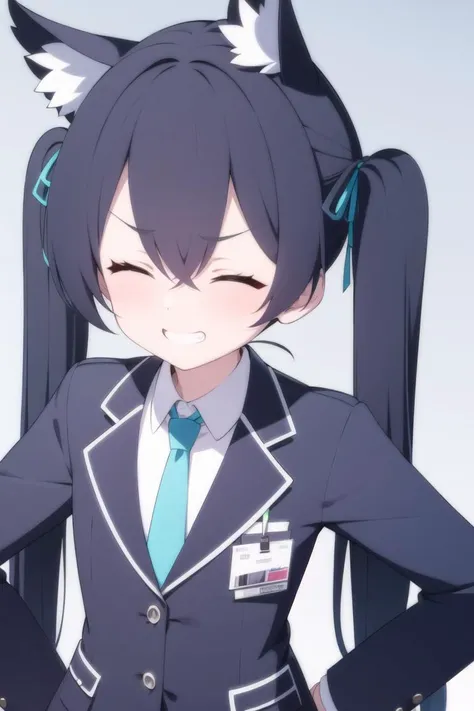 solo, 1girl, cowboy shot, hands on hips, closed eyes, grin, blush, <lora:serika_v3-000009:1>, baserika, twintails, long hair, hair ribbon, blazer, collared shirt, blue necktie