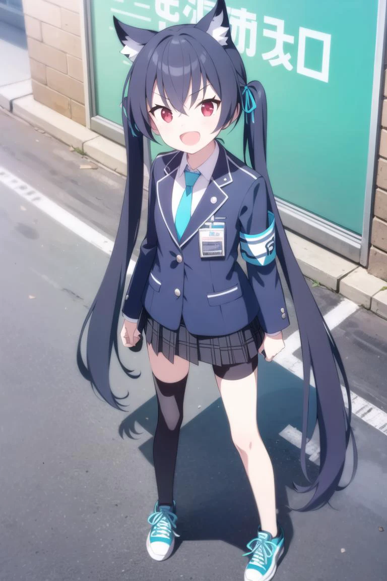 solo, 1girl, full body, looking at viewer, smile, open mouth, standing, <lora:serika_v3-000009:1>, baserika, twintails, long hair, red eyes, hair ribbon, collared shirt, blue necktie, blazer, armband, plaid skirt, single knee pad, bike shorts, shorts under skirt, sneakers