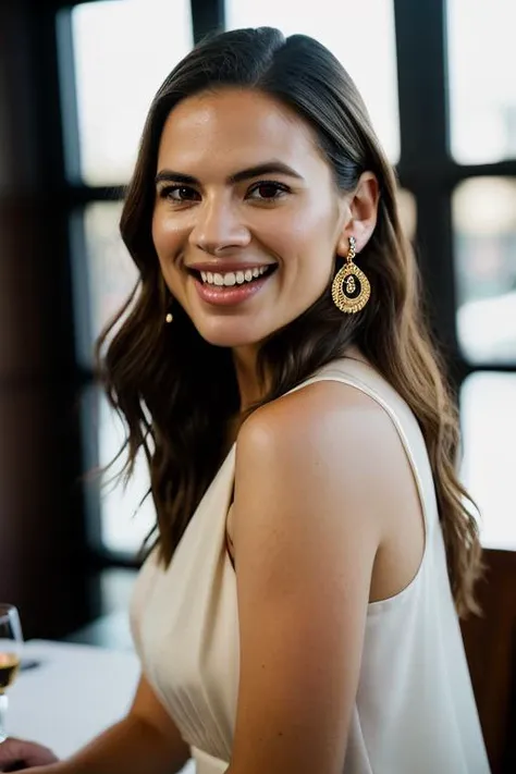 Realistic photo of a beautiful h4yl3y4-v1 woman, 1girl, solo, long hair, smile, open mouth, brown hair, brown eyes, jewelry, :d, earrings, teeth, lips, portrait, realistic, soft lighting, professional Photography, Photorealistic, detailed, RAW, analog, sharp focus, 8k, HD, DSLR, high quality, Fujifilm XT3, film grain, award winning, masterpiece<lora:h4yl3y4-v1:1.0>