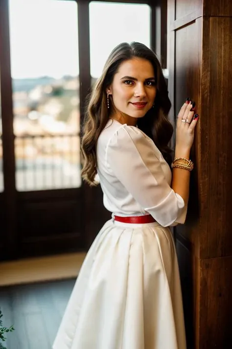 Realistic photo of a beautiful h4yl3y4-v1 woman, 1girl, solo, long hair, looking at viewer, smile, skirt, simple background, brown hair, shirt, brown eyes, jewelry, standing, short sleeves, earrings, nail polish, hand on hip, black shirt, white skirt, red nails, red background, long skirt, soft lighting, professional Photography, Photorealistic, detailed, RAW, analog, sharp focus, 8k, HD, DSLR, high quality, Fujifilm XT3, film grain, award winning, masterpiece<lora:h4yl3y4-v1:1.0>