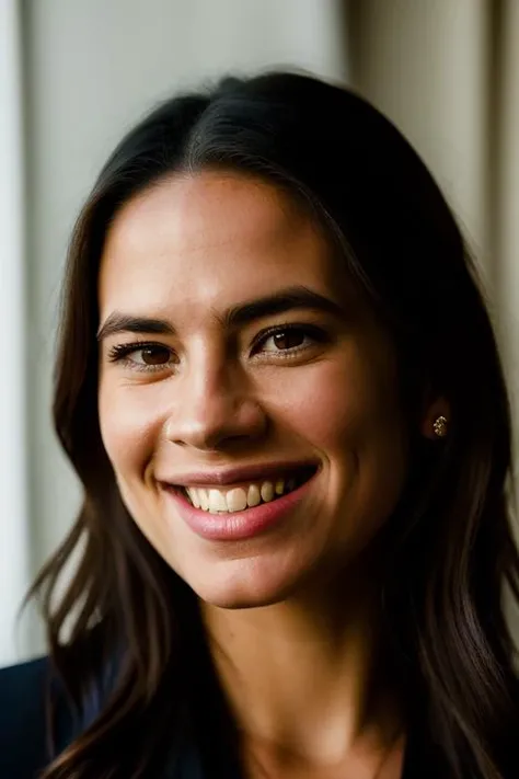 Realistic photo of a beautiful h4yl3y4-v1 woman, 1girl, solo, long hair, looking at viewer, smile, brown hair, black hair, brown eyes, teeth, grin, lips, portrait, forehead, realistic, nose, soft lighting, professional Photography, Photorealistic, detailed, RAW, analog, sharp focus, 8k, HD, DSLR, high quality, Fujifilm XT3, film grain, award winning, masterpiece<lora:h4yl3y4-v1:1.0>