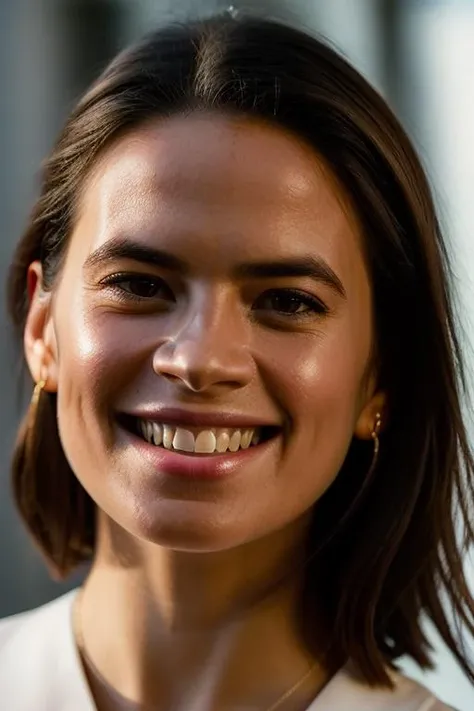 Realistic photo of a beautiful h4yl3y4-v1 woman, 1girl, solo, long hair, looking at viewer, smile, brown hair, black hair, brown eyes, teeth, grin, lips, portrait, forehead, realistic, nose, soft lighting, professional Photography, Photorealistic, detailed, RAW, analog, sharp focus, 8k, HD, DSLR, high quality, Fujifilm XT3, film grain, award winning, masterpiece<lora:h4yl3y4-v1:1.0>