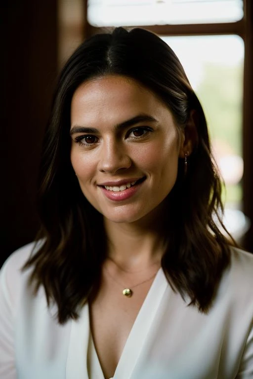 Realistic photo of a beautiful h4yl3y4-v1 woman, 1girl, solo, long hair, looking at viewer, smile, brown hair, brown eyes, upper body, parted lips, teeth, lips, portrait, forehead, realistic, nose, soft lighting, professional Photography, Photorealistic, detailed, RAW, analog, sharp focus, 8k, HD, DSLR, high quality, Fujifilm XT3, film grain, award winning, masterpiece<lora:h4yl3y4-v1:1.0>