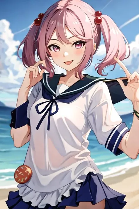 best quality, masterpiece, highres, solo, {sazanami_kantaicollection:1.15}, pink_hair, hair_bobbles, hair_ornament, twintails, short_hair, pink_eyes, serafuku, smile, 1girl, blue_sailor_collar, blue_skirt, looking_at_viewer, pleated_skirt, sailor_collar, school_uniform, skirt, open_mouth