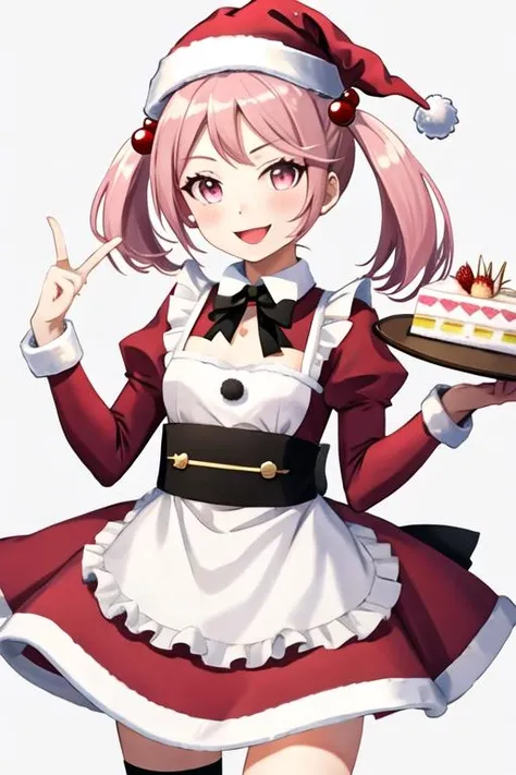 best quality, masterpiece, highres, solo, {sazanami_kantaicollection:1.15}, pink_hair, hair_bobbles, hair_ornament, twintails, short_hair, pink_eyes, serafuku, smile, 1girl, cake, christmas, food, fur_trim, hat, long_sleeves, looking_at_viewer, puffy_sleeves, red_dress, santa_costume, santa_hat, apron, dress, simple_background, white_background
