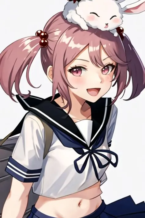 best quality, masterpiece, highres, solo, {sazanami_kantaicollection:1.15}, pink_hair, hair_bobbles, hair_ornament, twintails, short_hair, pink_eyes, serafuku, smile, 1girl, animal_on_head, badge, looking_at_viewer, on_head, rabbit, rabbit_on_head, school_uniform, animal, blue_skirt, open_mouth, pleated_skirt, sailor_collar, skirt, white_background