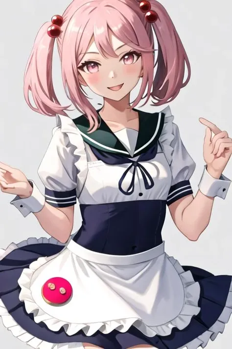 best quality, masterpiece, highres, solo, {sazanami_kantaicollection:1.15}, pink_hair, hair_bobbles, hair_ornament, twintails, short_hair, pink_eyes, serafuku, smile, 1girl, apron, badge, blue_sailor_collar, blue_skirt, looking_at_viewer, sailor_collar, school_uniform, skirt, white_apron, white_background, frills, simple_background, cowboy_shot, frilled_apron, pleated_skirt, waist_apron, wrist_cuffs