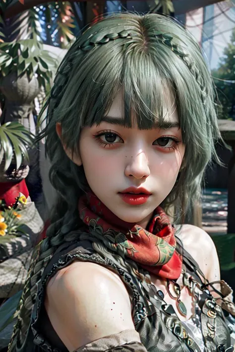(best quality:1.3),(masterpiece:1.1), surrealism, (ultra-detailed:1.2), (Extremely detailed background:1.1), beautiful face, moody lighting, dynamic colors, (Contre-Jour:1.2),
tyndall effect, realistic, beautiful detailed eyes, (green hair:1.2), (single braid:1.5), red scarf, necklace, bare shoulders, long braid, fingerless gloves, bare midriff, smooth skin,
1girl, VFX, <lora:LostArk Shana:1>, <lora:perfecteyes:0.8>