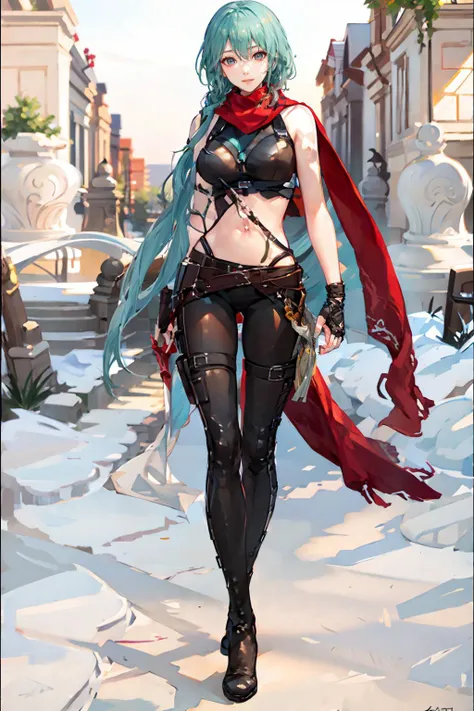 best quality, masterpiece, ultra high res, (photorealistic:1.4),1girl,solo,full body,looking back,on back,(smile),detailed face,beautiful face and eyes,aqua hair,single braid,red scarf,bare shoulders,long braid,simple background,bare midriff, <lora:LostArk ShanaV2:0.9>