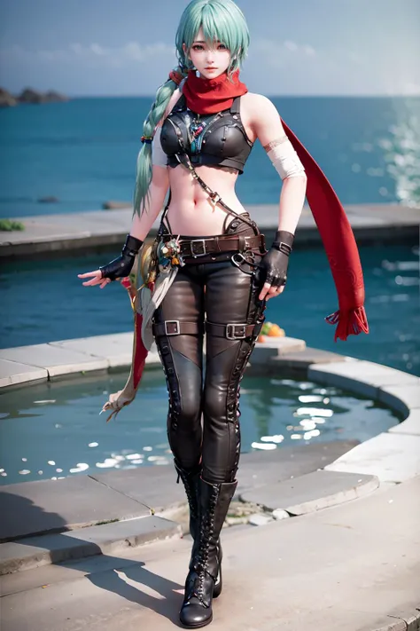 best quality, masterpiece, ultra high res, (photorealistic:1.4),1girl,solo,full body,looking looking at viewer,(smile),detailed face,beautiful face and eyes,aqua hair,single braid,red scarf,necklace,bare shoulders,long braid,fingerless gloves,simple background,bare midriff, <lora:LostArk ShanaV3:1>