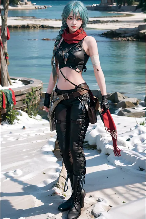 best quality, masterpiece, ultra high res, (photorealistic:1.4),1girl,solo,full body,looking looking at viewer,(smile),detailed face,beautiful face and eyes,aqua hair,single braid,red scarf,necklace,bare shoulders,long braid,fingerless gloves,simple background,bare midriff, <lora:LostArk ShanaV3:1>