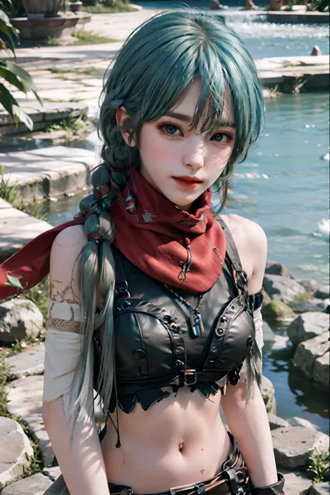 best quality, masterpiece, ultra high res, (photorealistic:1.4),1girl,solo,full body,looking looking at viewer,(smile),detailed face,beautiful face and eyes,aqua hair,single braid,red scarf,necklace,bare shoulders,long braid,fingerless gloves,simple background,bare midriff, <lora:LostArk ShanaV3:1>
