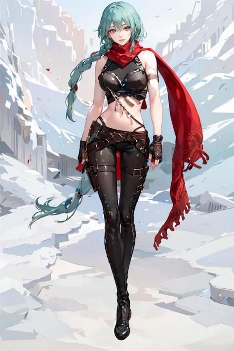 best quality, masterpiece, ultra high res, (photorealistic:1.4),1girl,solo,full body,looking back,on back,(smile),detailed face,beautiful face and eyes,aqua hair,single braid,red scarf,bare shoulders,long braid,simple background,bare midriff, <lora:LostArk ShanaV2:0.9>