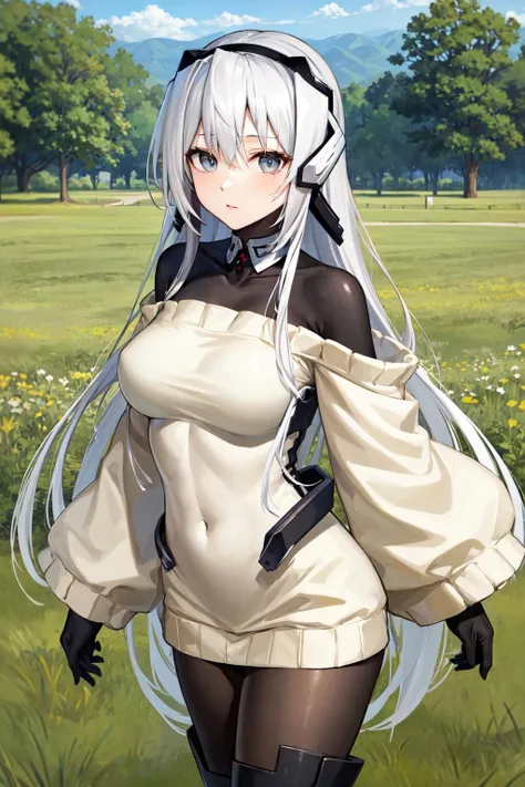 masterpiece, best quality, highres, aap01s, grey eyes, long hair, headgear, large breasts, detached collar, sweater, off-shoulder sweater, bodysuit, long sleeves, gloves, leotard, pantyhose, thighhighs, <lora:horizon_ariadust_v1:0.7>, standing, cowboy shot, outdoors, field,