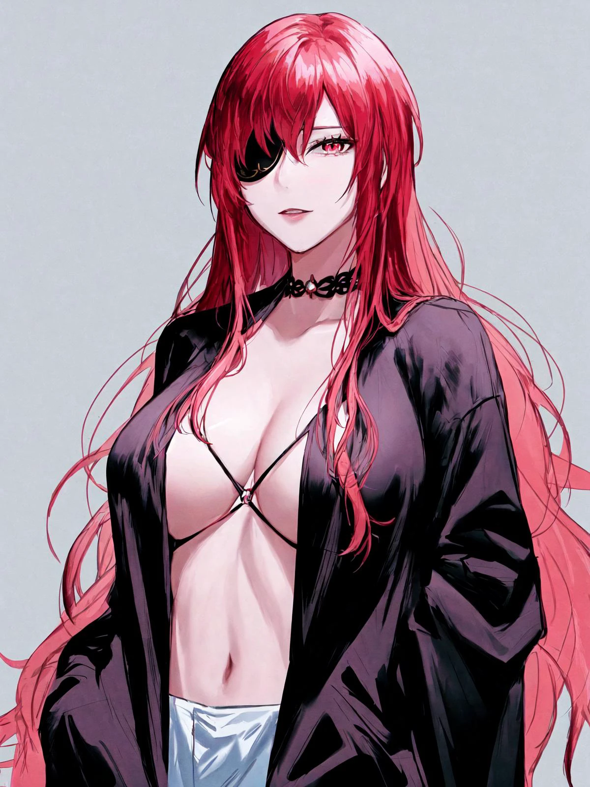 ((masterpiece, best quality, highest quality, highly detailed, colorful,
beautiful, intricate details, absurdres)),
a solo girl with very long hair, mature woman, (red hair), eyepatch, red eye, (red coat, black tanktop, long sleeves), black belt, cleavage, large breasts, dynamic pose, black gloves, black_skirt, black thighhighs, black choker, bang, (cowboy shot)
<lora:more_details:0.25>
<lora:Hwa_Ryun_V5:0.75>