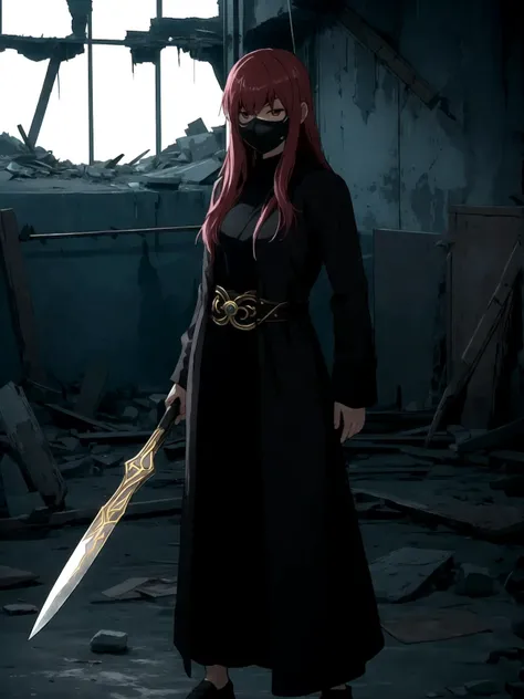 1girl, (shapely body), (solo), 19 years old, hdr, <lora:Hwa_Ryun_V5:0.7>, Hwa Ryun stands in the semi-darkness of a ruined building surrounded by opponents. Her black robe sticks to her body, as if taking on a shadow, and the golden patterns on her mask shine in the dim light. Sharp, elegant blades flash in her hands.