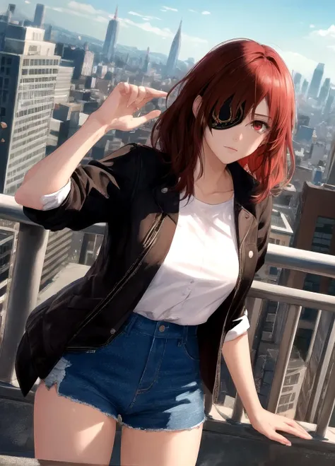 medium breasts, brown hair, short hair, large breasts, short shirt, city background,  <lora:Hwa_Ryun:1>,  red hair, long hair, eyepatch, red eyes, Hwa Ryun