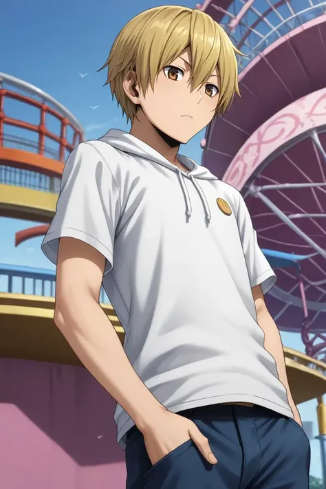 score_9, score_8_up, score_7_up, source_anime, rating_safe, intricate details, semi-realistic, , depth of field, 1boy, solo, male focus, <lora:masaomi_kida_pony:0.8>, masaomi_kida, blonde hair, brown eyes, short hair, hair between eyes, from below, amusement park, carousel, ferris wheel, day, sunny, (pose), speaking, talking, , <lora:sdxl_lightning_8step_lora:1>