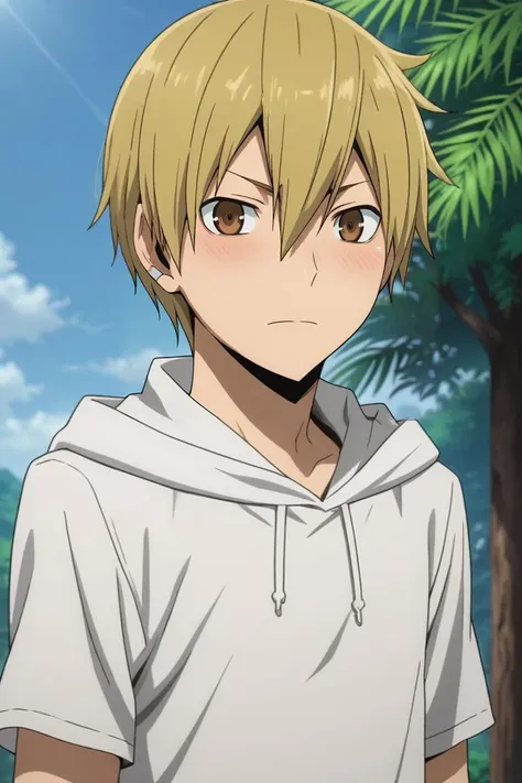 score_9, score_8_up, score_7_up, source_anime, rating_safe, , anime screencap, anime coloring, , looking at viewer, , 1boy, solo, male focus, <lora:masaomi_kida_pony:0.98>, masaomi_kida, blonde hair, brown eyes, short hair, hair between eyes, upper body, hill, greenery, day, sunny, pose, embarrassed, nose blush, , <lora:sdxl_lightning_8step_lora:1>