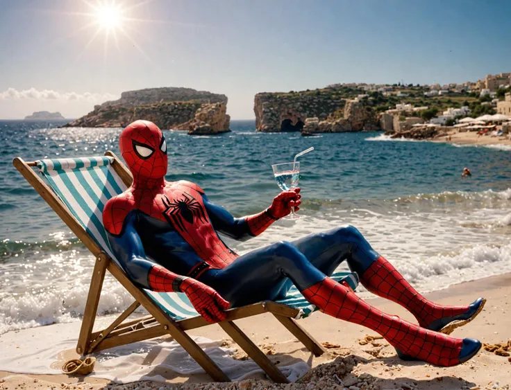 professional 3d model Spider-Man on a beach chair in the water, glass antikythera, still frame from a movie, amazing landscape in background, sea breeze rises in the air, worst place to live in europe, in a sun lounger, photo of, trading stocks, ad image  Is having a Cornetto In his hand One guy is sitting down in the beach and the sambit with the umbrella  in Malta . octane render, highly detailed, volumetric, dramatic lighting