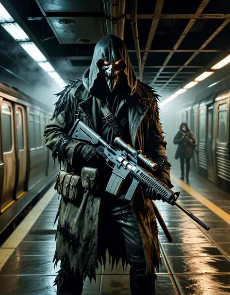 horror-themed (medium full shot , straight on) of monstrous creature holding a weapon, detailed face, located in a horrifying scene at a abandoned subway station during twilight with foggy weather, illuminated by torchlight, creating a haunting,chilling atmosphere
Masterpiece,best quality,hi res,8k,hi res,8k,award winning,(sharp focus, intricate, highly detailed),, eerie, unsettling, dark, spooky, suspenseful, grim, highly detailedâââ