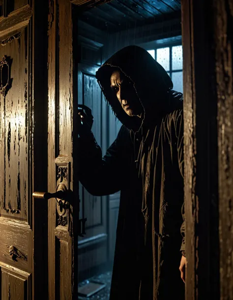 horror-themed (upper body shot ) of shadowy silhouette opening a cursed door, detailed face, located in a horrifying scene at a abandoned house during twilight with rainy weather, illuminated by dim light, creating a terrifying,suspenseful atmosphere
Masterpiece,best quality,hi res,8k,hi res,8k,award winning,(sharp focus, intricate, highly detailed),, eerie, unsettling, dark, spooky, suspenseful, grim, highly detailedâââ