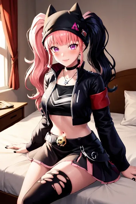 masterpiece, best quality, highres, 1girl, solo, twintails, pink hair, skirt, thighhighs, jacket, hat, multicolored hair, boots, breasts, crop top, single thighhigh, black jacket, jewelry, cropped jacket, asymmetrical legwear, pink eyes, midriff, black footwear, choker, long hair, torn clothes, black hair, striped, full body, necklace, thigh strap, socks, pink skirt, black skirt, charm, black fingernails, nail polish, <lora:zoe-10-v2:0.7>, looking at viewer, light smile, blush, bedroom, bed, sitting, <lora:GoodHands-beta2:1>, <lora:add_detail:0.3>