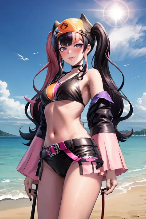 (8k), ultra-realistic, high detail, zoe,((full body woman in bikini)), smiling woman, multicolored hair,twintails,solo,black hair,pink eyes,pink hair, necklace,bangs,long hair, sexy and delicate lace bikini, angela white, sexy girl, brunette hair, sexy bikini, stunning views, provocative, very sexy, sexy and attractive, sexy look, gorgeous brunette hair, big, very sexy costume that stands out in a bikini