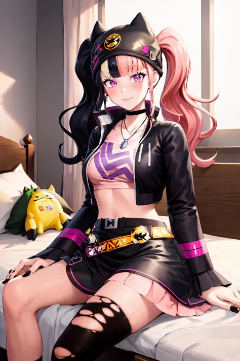 masterpiece, best quality, highres, 1girl, solo, twintails, pink hair, skirt, thighhighs, jacket, hat, multicolored hair, boots, breasts, crop top, single thighhigh, black jacket, jewelry, cropped jacket, asymmetrical legwear, pink eyes, midriff, black footwear, choker, long hair, torn clothes, black hair, striped, full body, necklace, thigh strap, socks, pink skirt, black skirt, charm, black fingernails, nail polish,  <lora:zoe-10-v2:0.9>,  looking at viewer, light smile, blush, bedroom, bed, sitting, <lora:GoodHands-beta2:1>, <lora:add_detail:0.3>