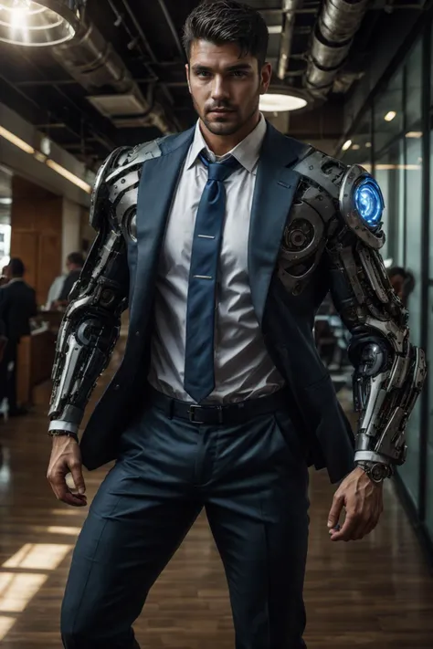 realistic, ((masterpiece)), ((best quality)), (detailed), cinematic, dynamic lighting, soft shadow, detailed background, professional photography, depth of field, intricate, detailed face, subsurface scattering, realistic hair, realistic eyes, muscular, manly, photo of a handsome (latino man), mech4rmor, wearing mechanical business suit, glowing, dynamic pose, futuristic, office, foyer, beard, pants, necktie,