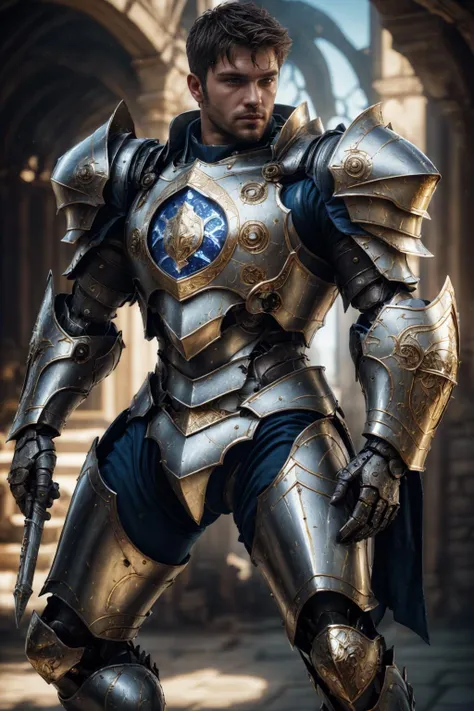 realistic, ((masterpiece)), ((best quality)), (detailed), cinematic, dynamic lighting, soft shadow, detailed background, professional photography, depth of field, intricate, detailed face, subsurface scattering, realistic hair, realistic eyes, muscular, manly, photo of a handsome man, mech4rmor, wearing mechanical paladin armor, glowing, holding shield, dynamic pose, fighting stance,