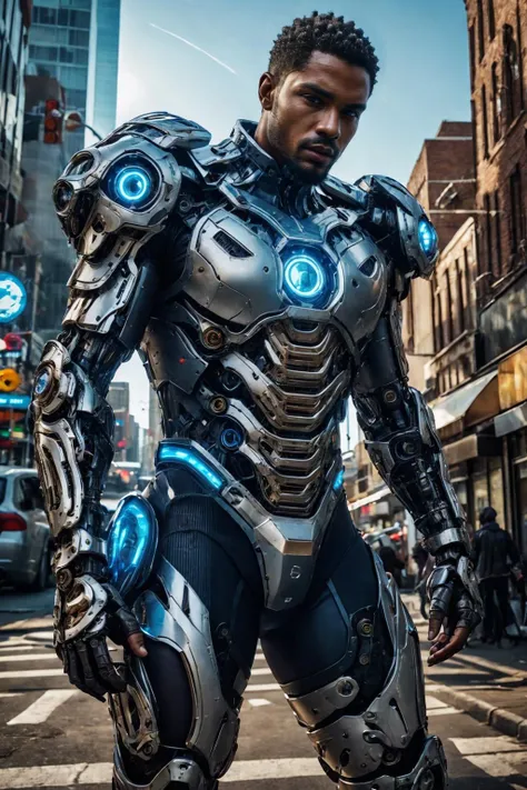 realistic, ((masterpiece)), ((best quality)), (detailed), cinematic, dynamic lighting, soft shadow, detailed background, professional photography, depth of field, intricate, detailed face, subsurface scattering, realistic hair, realistic eyes, muscular, manly, photo of a handsome (African man), mech4rmor, wearing mechanical bodysuit, glowing, dynamic pose, fighting stance, futuristic city, street,