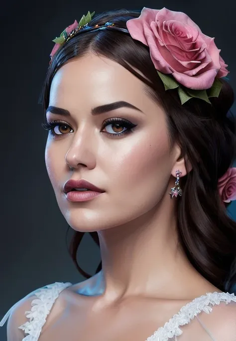 zxzxfahriye with flowers in her hair and a wreath of pink roses on her head, standing in front of a dark background, painted by artgerm and tom bagshaw, fantasy art, dramatic lighting, highly detailed oil painting,
<lora:fahriye-000024:0.7>, (Extremely Detailed Oil Painting:1.2), glow effects, godrays, Hand drawn, render, 8k, octane render, cinema 4d, blender, dark, atmospheric 4k ultra detailed, cinematic sensual, Sharp focus, humorous illustration, big depth of field, Masterpiece, colors, 3d octane render, 4k, concept art, trending on artstation, hyperrealistic, Vivid colors, extremely detailed CG unity 8k wallpaper, trending on ArtStation, trending on CGSociety, Intricate, High Detail, dramatic, absurdes