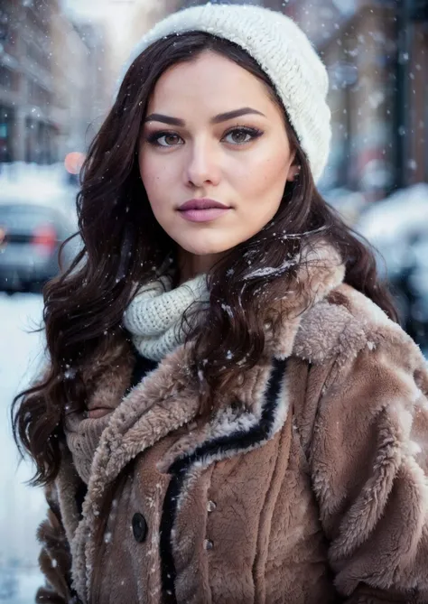 professional portrait photograph of a gorgeous (zxzxfahriye:1.2) in winter clothing with long wavy dark hair, ((sultry look)), freckles,
beautiful symmetrical face, cute natural makeup, ((standing outside in snowy city street)), ultra realistic, concept art, elegant, highly detailed, intricate, sharp focus, depth of field, f/1. 8, 85mm, medium shot, mid shot, (centered image composition), (professionally color graded), ((bright soft diffused light)), volumetric fog, trending on instagram, hdr 4k,<lora:fahriye-000024:0.7>,, RAW candid cinema, 16mm, color graded portra 400 film, remarkable color, ultra realistic, textured skin, remarkable detailed pupils, realistic dull skin noise, visible skin detail, skin fuzz, dry skin, shot with cinematic camera