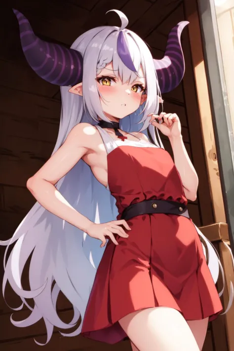 1girl, red dress, pointy ears <lyco:KitsuneAi-Laplus-LoCon32V2-000009:1.0>