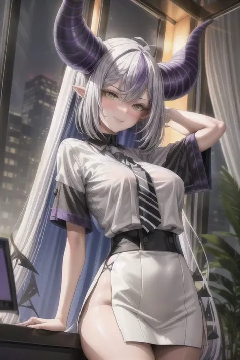 ultra realistic, 8k, masterpiece, ultra detailed background, delicate pattern, intricate detail, standing, formal, smile, office lady, looking at viewer, large breasts, PERFECT FACE, SEXY FACE, PERFECT BODY, perfect hands, detailed fingers, beautiful detailed eyes, perfect eyes, seductive eyes, from front, 1girl, black pantyhose, nsfw, exposure, breasts out, arms behind back, office lady uniform, taut shirt, miniskirt,