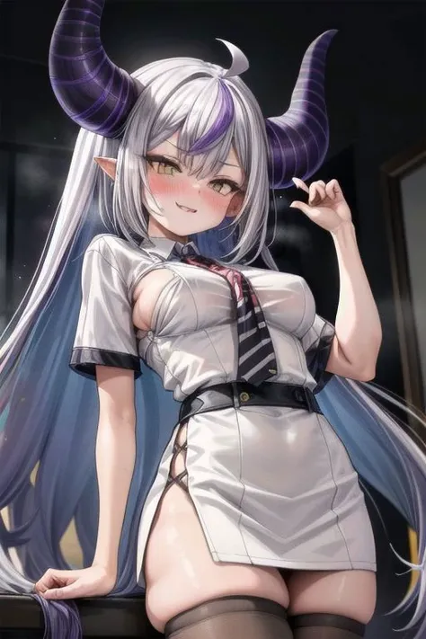 ultra realistic, 8k, masterpiece, ultra detailed background, delicate pattern, intricate detail, standing, formal, smile, office lady, looking at viewer, large breasts, PERFECT FACE, SEXY FACE, PERFECT BODY, perfect hands, detailed fingers, beautiful detailed eyes, perfect eyes, seductive eyes, from front, 1girl, black pantyhose, nsfw, exposure, breasts out, arms behind back, office lady uniform, taut shirt, miniskirt,