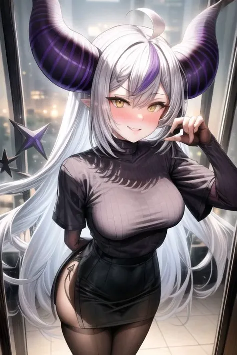 ultra realistic, 8k, masterpiece, ultra detailed background, delicate pattern, intricate detail, standing, formal, smile, office lady, looking at viewer, large breasts, PERFECT FACE, SEXY FACE, PERFECT BODY, perfect hands, detailed fingers, beautiful detailed eyes, perfect eyes, seductive eyes, from front, 1girl, black pantyhose, nsfw, exposure, breasts out, arms behind back, office lady uniform, taut shirt, miniskirt,