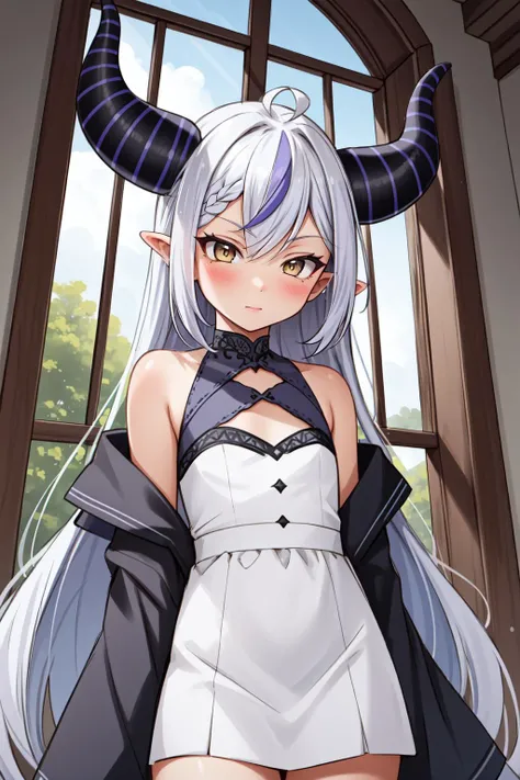 (masterpiece, best quality), intricate details,
1girl, <lyco:KitsuneAi-Laplus-LoCon32V2-000009:0.8> la+ darknesss, long white hair, horns, yellow eyes,