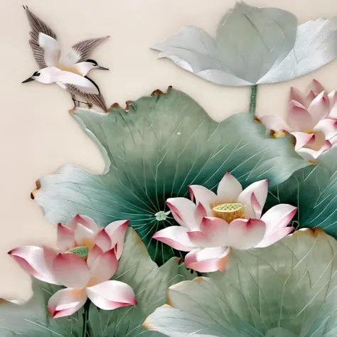 Suzhou embroidery, three pale pink lotus,  bird, <lora:SuZhou_Embroidery_V1:1>
