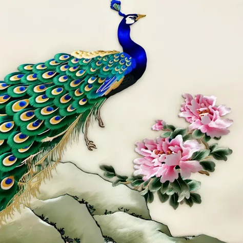 Suzhou embroidery, peacock,  bird, <lora:SuZhou_Embroidery_V1:1>