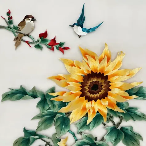 Suzhou embroidery, sunflower, bird, <lora:SuZhou_Embroidery_V1:1>