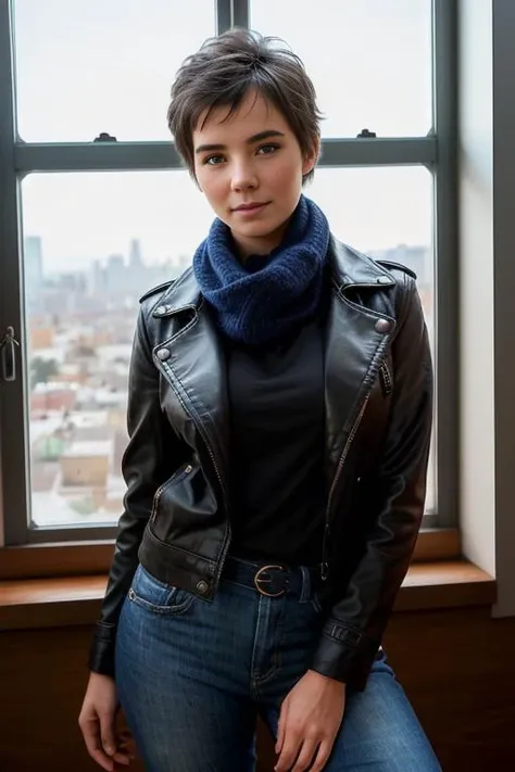 CorC0lTTXV2G,
a beautiful smiling woman posing for masterpiece photo, wearing a black jacket and scarf standing next to a window with a black jacket on her shoulders, (pixie cut:1.2),
(professional photo shooting), (high buget photo), (extremely detailed skin), (flawless skin), (model pose), (highly detailed facial features),
(perfect color grading), (High-quality textures and materials), (perfect setup and environments:1.9), (accurate light and shadow effects), (perfect visual quality),
(natural light), (high quality photography), (intricate details), (8k), (HDR), (sharp focus), (close-up portrait:1.2), (dark atmosphere:1.2)