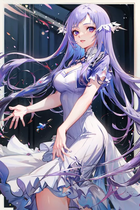 (masterpiece), (Aristocratic Affair), (white high heels), (blue prom dress), (dancing alone), (purple eyes), (transparent skin), (우아한 Blue dress), (Blue dress), (Haughty look), (mature woman), (one woman), (erysipelas)