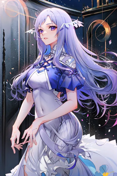 masterpiece, best quality BREAK solo, 1girl, very long hair, light purple hair, swept bangs, purple eyes, white dress, long dress, floating hair, short sleeves, large breasts, quinella, quinella_(SAO), <lora:Quinella:1>