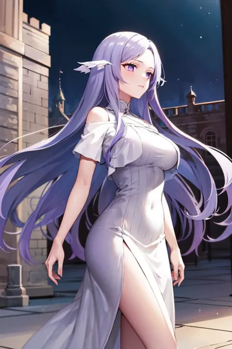 masterpiece,, best quality, highres. 1girl, solo, very long hair, light purple hair, swept bangs, purple eyes, white dress, long dress, floating hair, short sleeves, large breasts, <lora:quinella_(sao)_v10:0.6>, castle, standing,