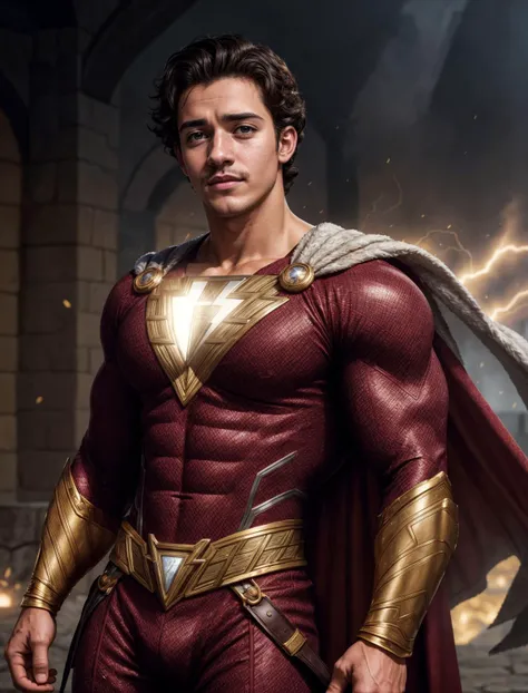(GS-Masculine:1), (1boy), hero pose, tan glowing skin, freckles, depth of field, dynamic angles, <lora:more_details:0.5>, <lora:Shazamsuit_Lora_v1:0.3>, shazamsuit, cape, golden gauntlets boots, electricity power flowing through his body, unbridled strength and power ready to be released