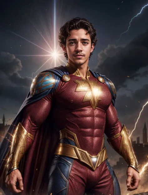(GS-Masculine:1), (1boy), hero pose, tan glowing skin, freckles, depth of field, dynamic angles, <lora:more_details:0.5>, <lora:Shazamsuit_Lora_v1:0.3>, shazamsuit, cape, golden gauntlets boots, electricity power flowing through his body, unbridled strength and power ready to be released