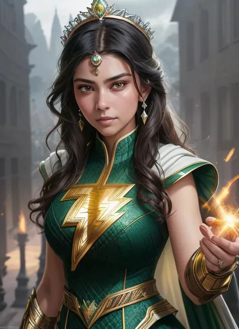 modelshoot style, (extremely detailed CG unity 8k wallpaper), full shot body photo of the most beautiful artwork in the world, english medieval witch, green vale, pearl skin,golden crown, diamonds, medieval architecture, professional majestic oil painting by Ed Blinkey, Atey Ghailan, Studio Ghibli, by Jeremy Mann, Greg Manchess, Antonio Moro, trending on ArtStation, trending on CGSociety, Intricate, High Detail, Sharp focus, dramatic, photorealistic painting art by midjourney and greg rutkowski, shazamsuit, <lora:Shazamsuit_Lora_v1:0.6>
